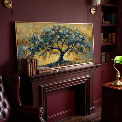 Blue Blossom Tree Panoramic Canvas in antique gold floating frame