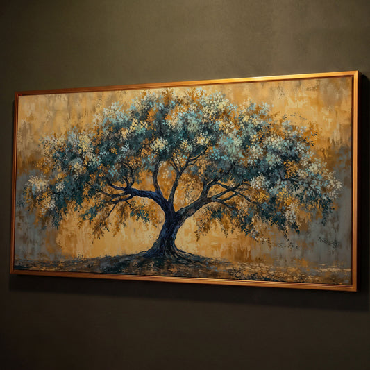 Blue Blossom Tree Panoramic Canvas shown in antique gold floating frame