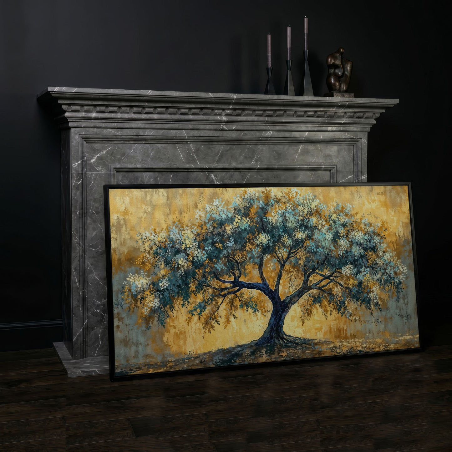 Blue Blossom Tree Panoramic Canvas in black floating frame