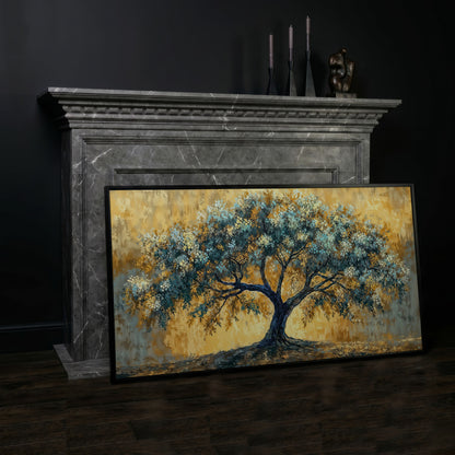Blue Blossom Tree Panoramic Canvas in black floating frame