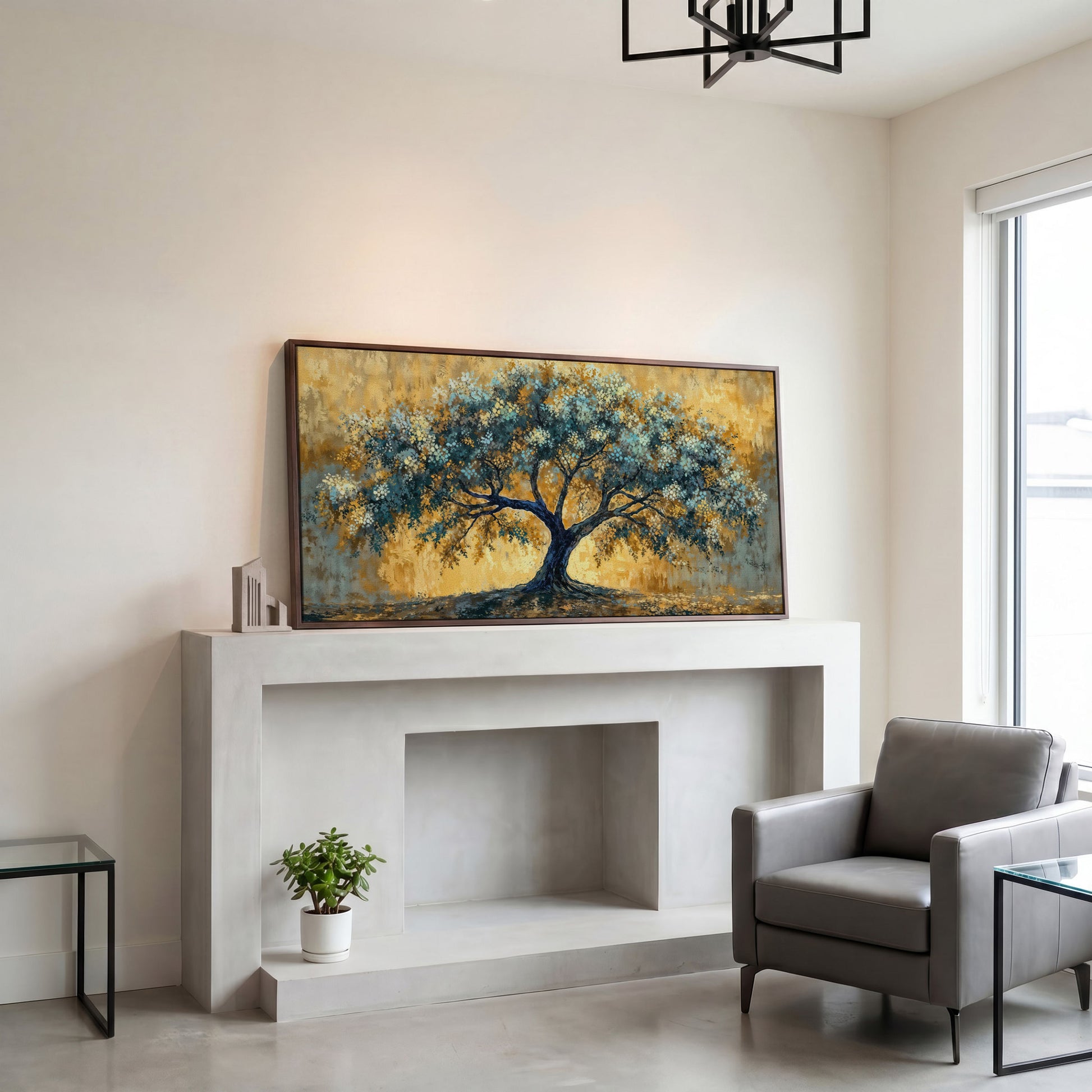 Blue Blossom Tree Panoramic Canvas in dark walnut floating frame