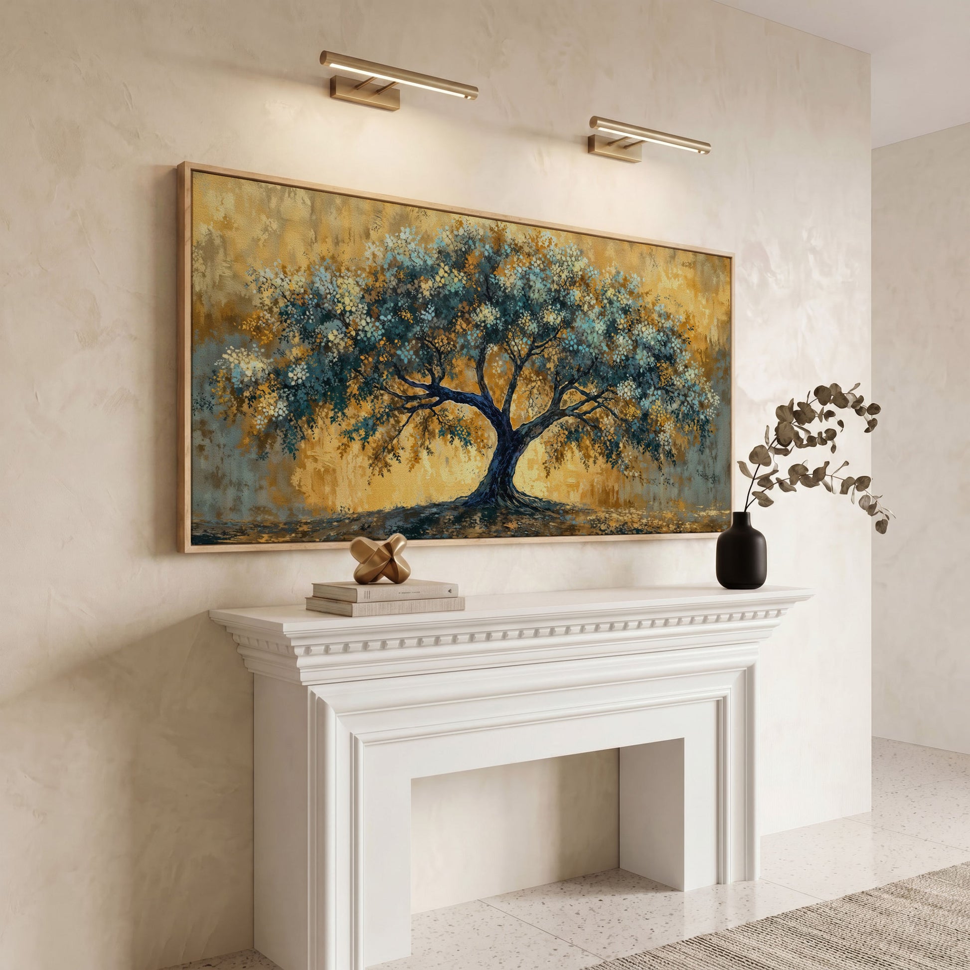 Blue Blossom Tree Panoramic Canvas in white oak floating frame