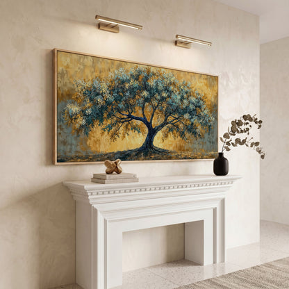 Blue Blossom Tree Panoramic Canvas in white oak floating frame