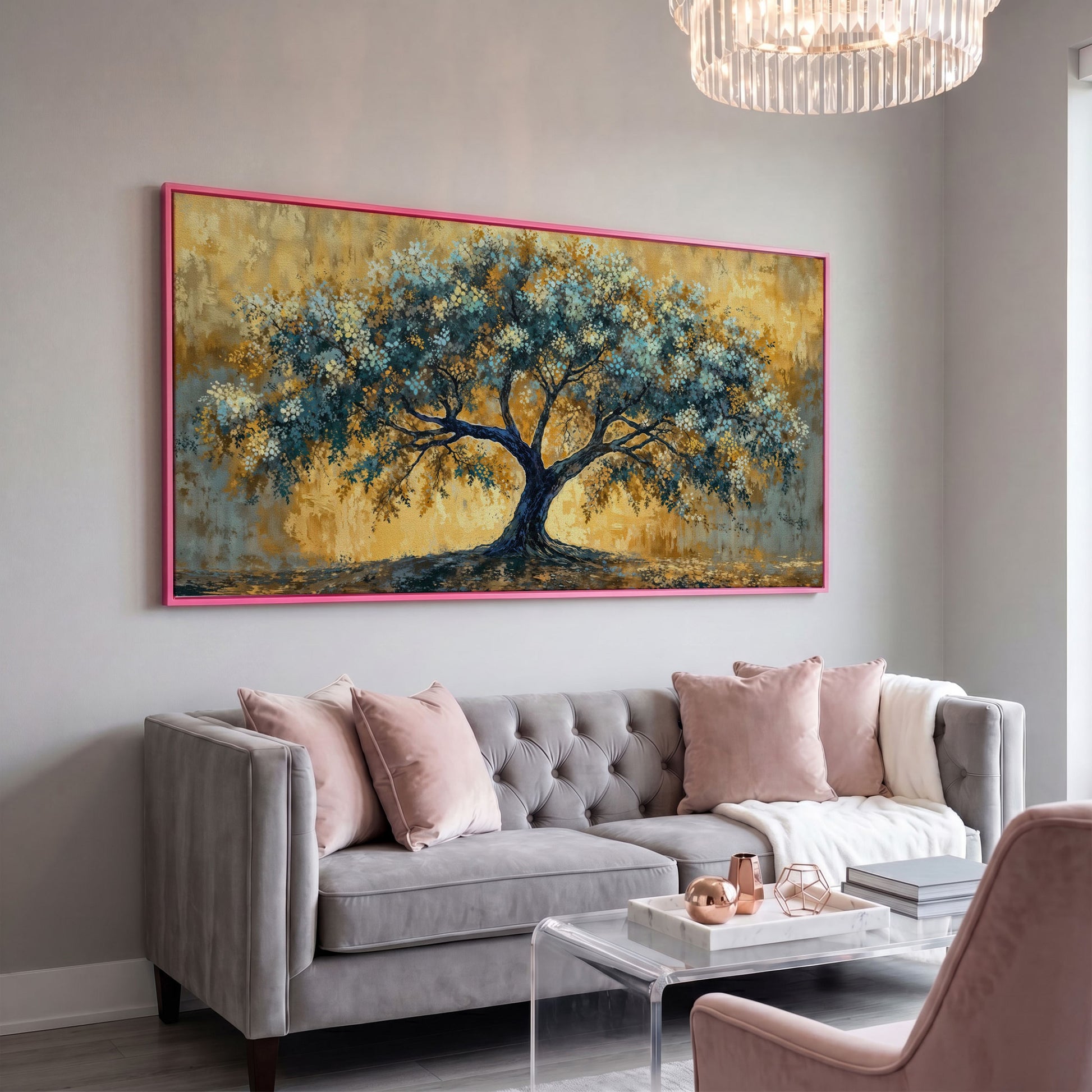 Blue Blossom Tree Panoramic Canvas in pink floating frame