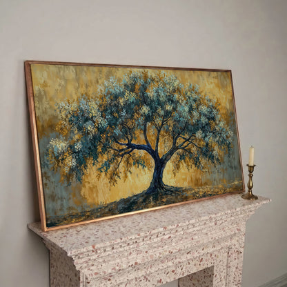Blue Blossom Tree Panoramic Canvas in rose gold floating frame