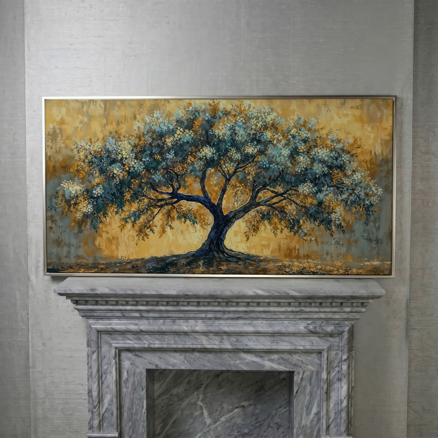 Blue Blossom Tree Panoramic Canvas in silver floating frame