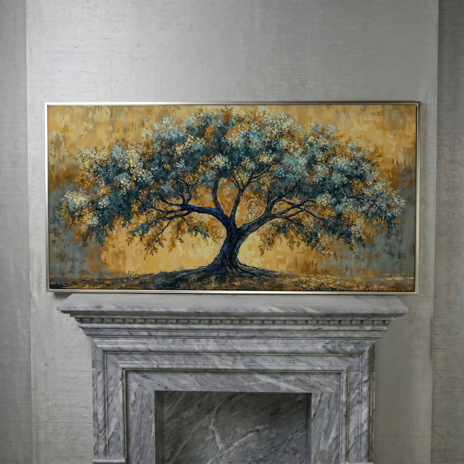 Blue Blossom Tree Panoramic Canvas in silver floating frame