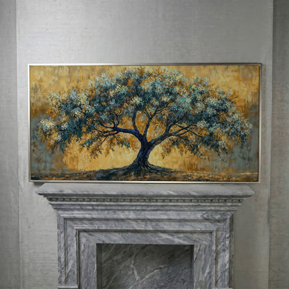 Blue Blossom Tree Panoramic Canvas in silver floating frame