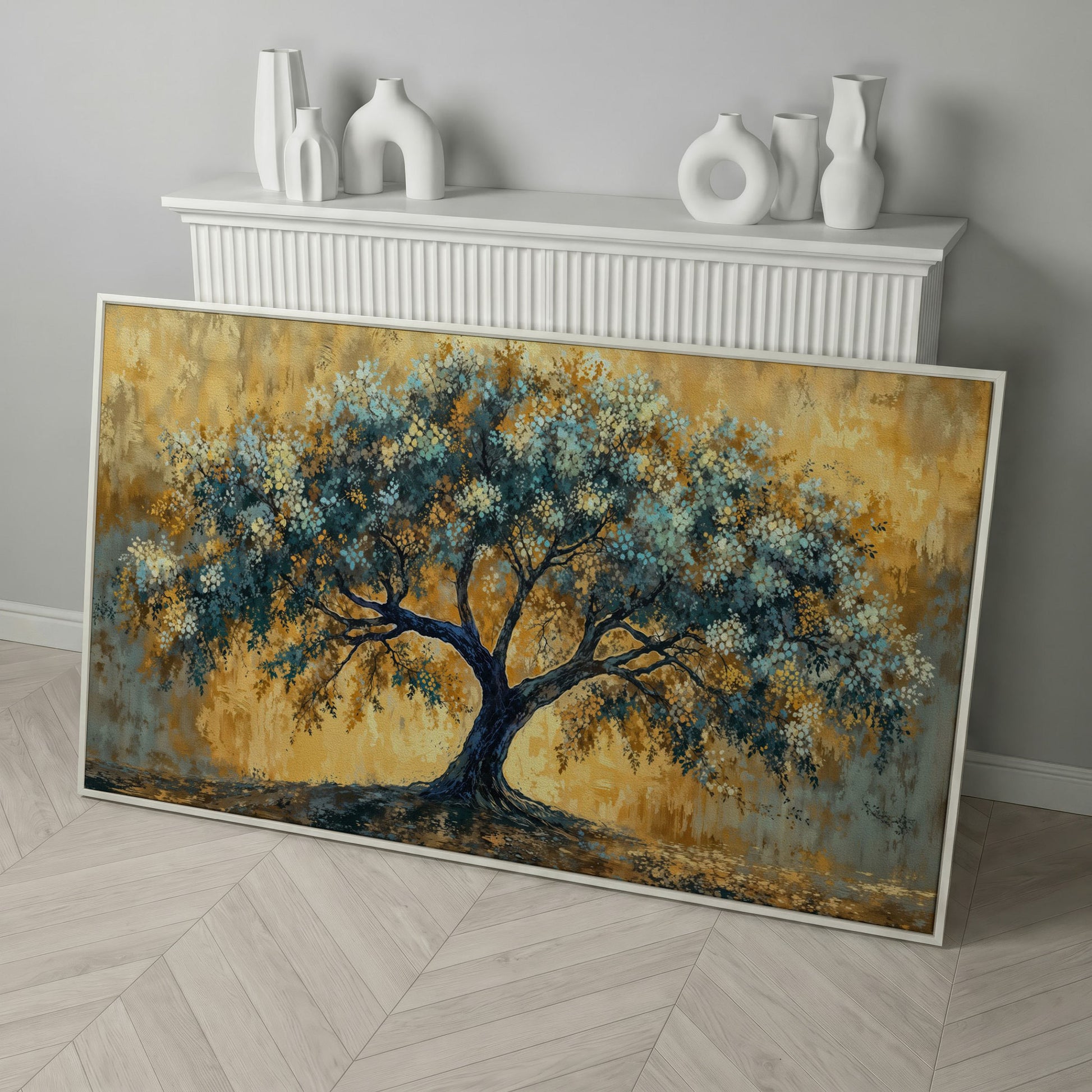Blue Blossom Tree Panoramic Canvas in white floating frame