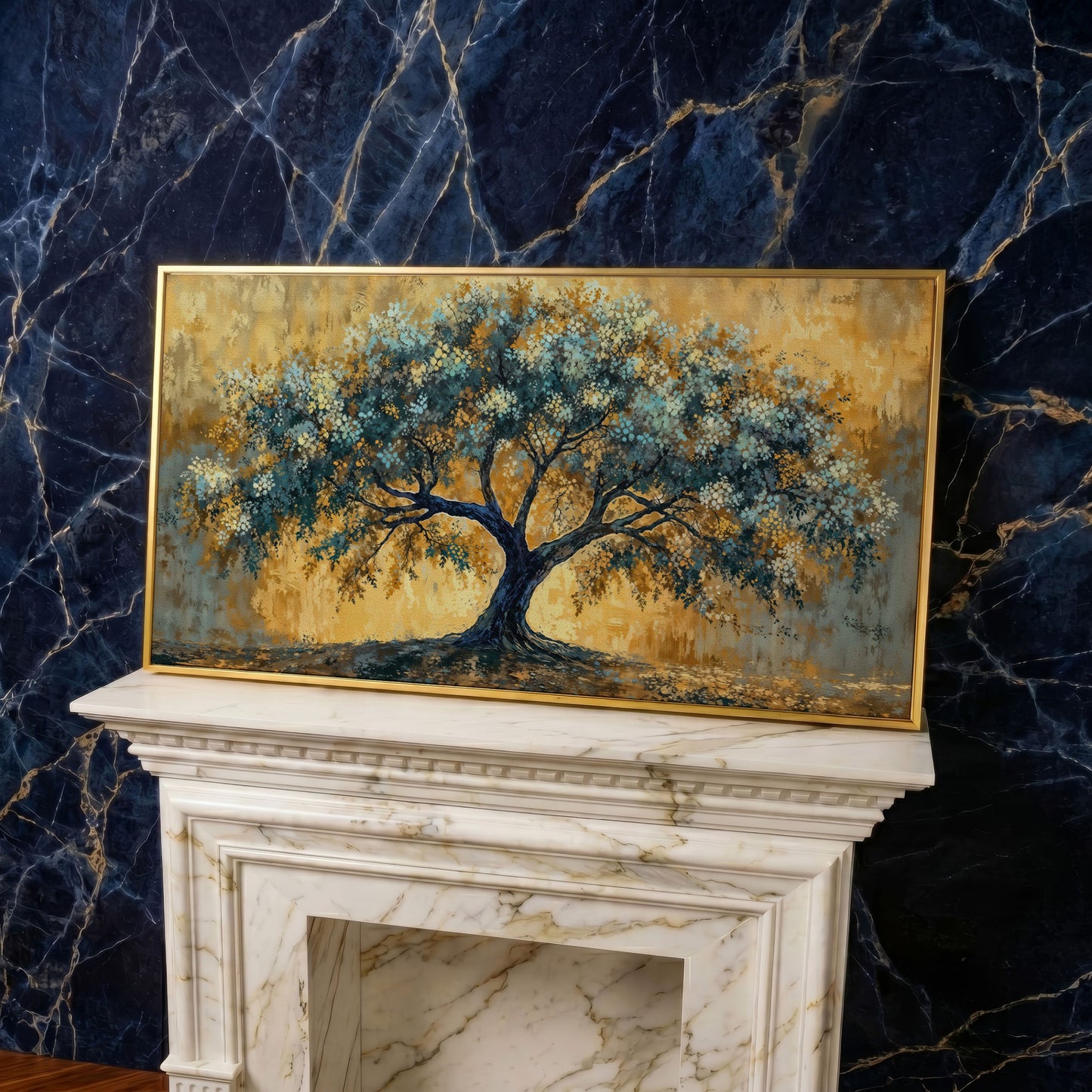 Blue Blossom Tree Panoramic Canvas in yellow gold floating frame