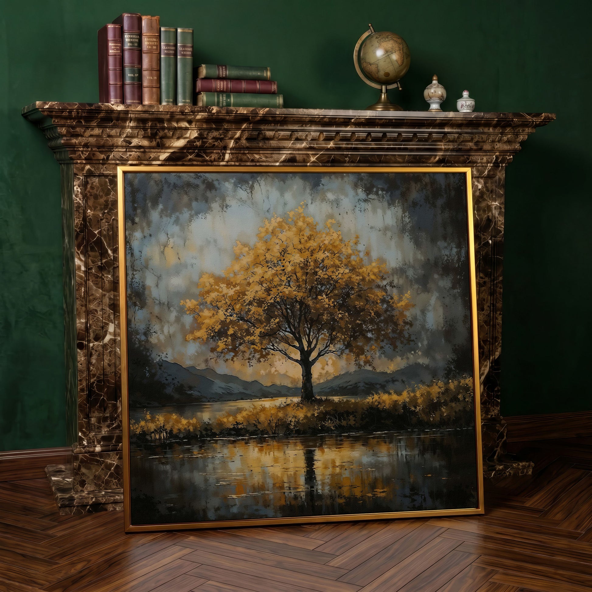 Solitary Fall Tree Mountain Landscape Canvas in antique gold floating frame