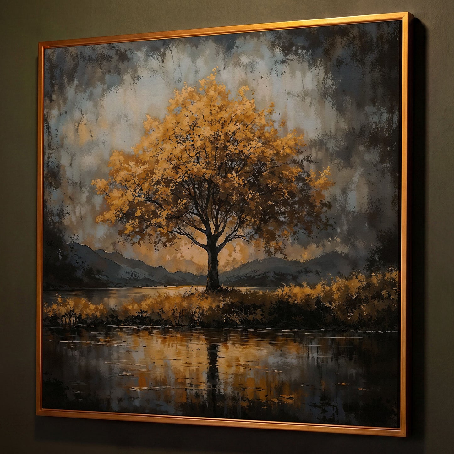 Solitary Fall Tree Mountain Landscape Canvas shown in antique gold floating frame