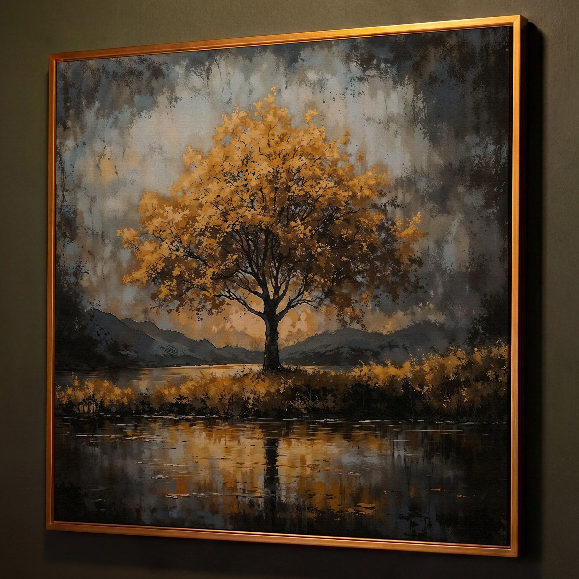Solitary Fall Tree Mountain Landscape Canvas shown in antique gold floating frame