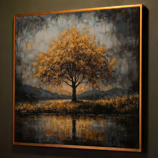 Solitary Fall Tree Mountain Landscape Canvas shown in antique gold floating frame