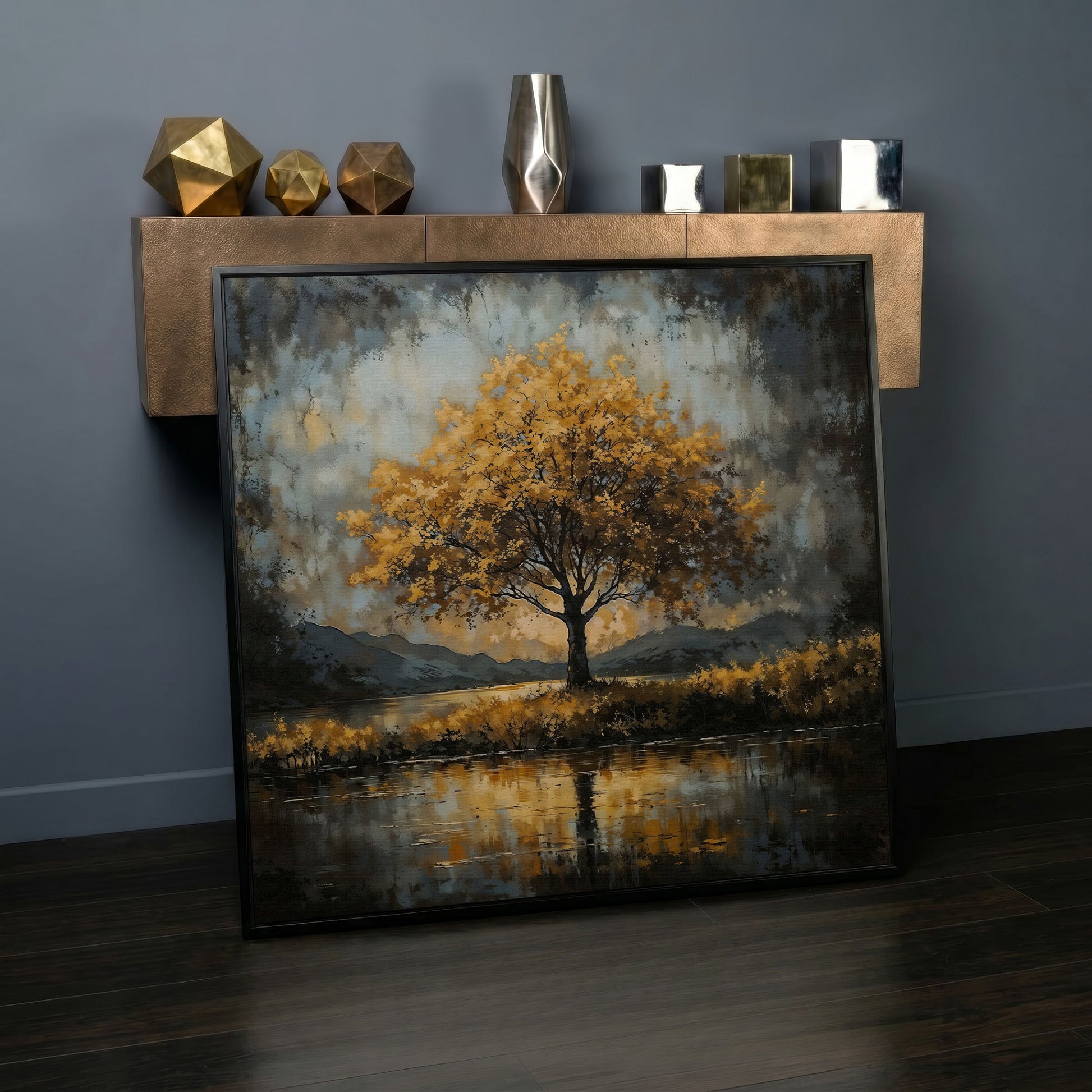 Solitary Fall Tree Mountain Landscape Canvas in black floating frame