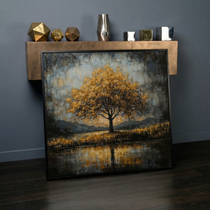 Solitary Fall Tree Mountain Landscape Canvas in black floating frame