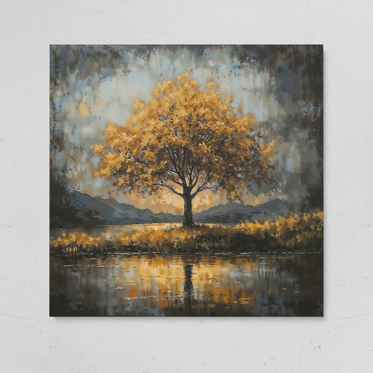 Solitary Fall Tree Mountain Landscape Canvas on gallery wrap