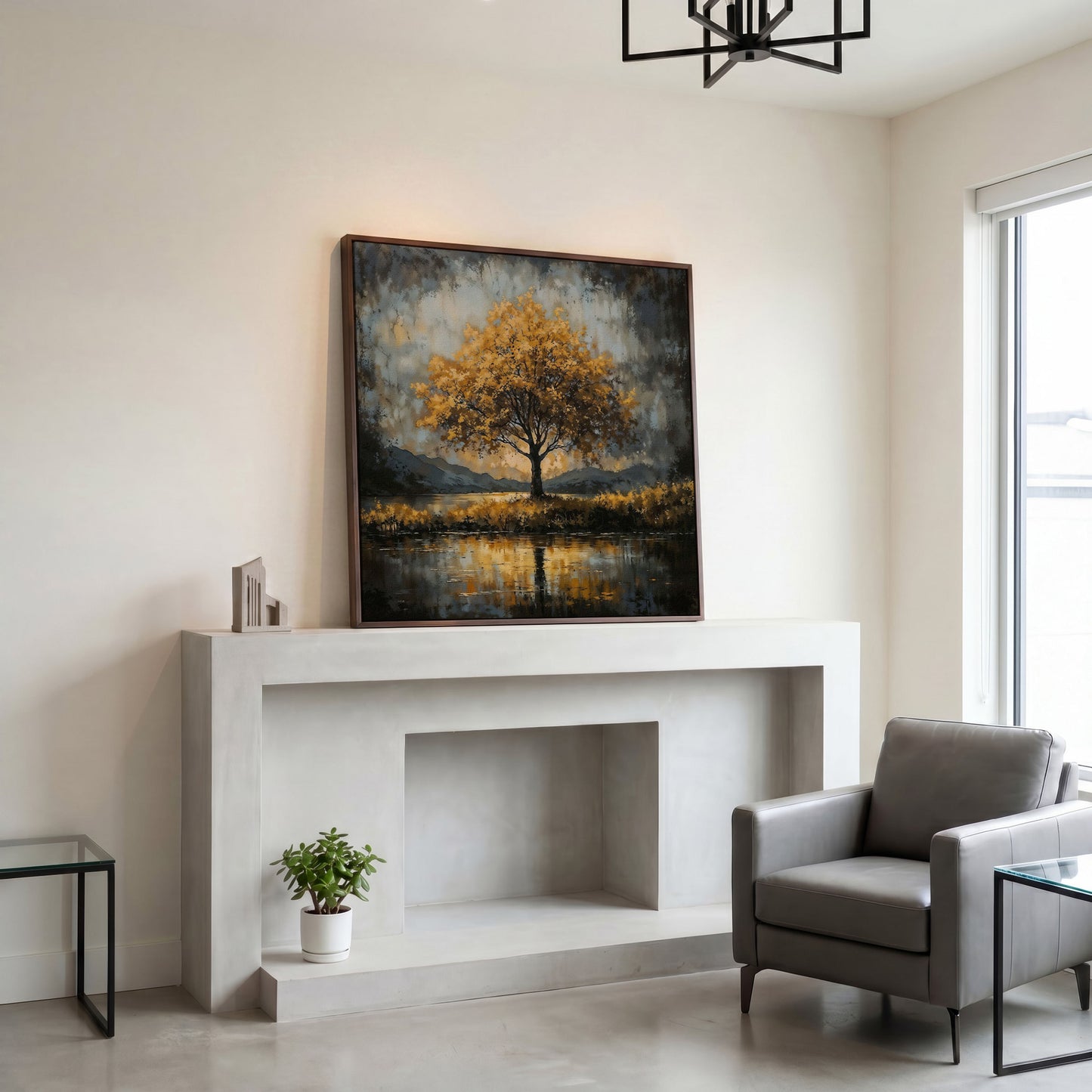Solitary Fall Tree Mountain Landscape Canvas in dark walnut floating frame