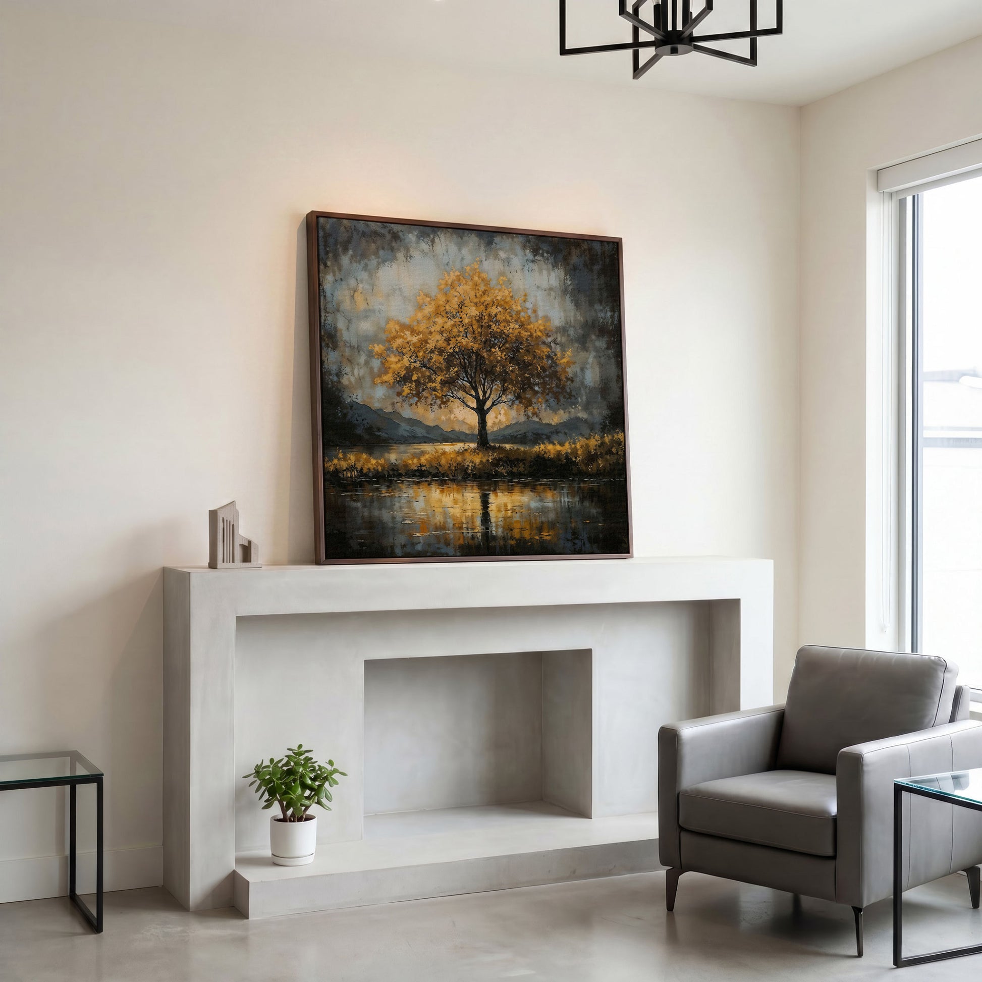 Solitary Fall Tree Mountain Landscape Canvas in dark walnut floating frame
