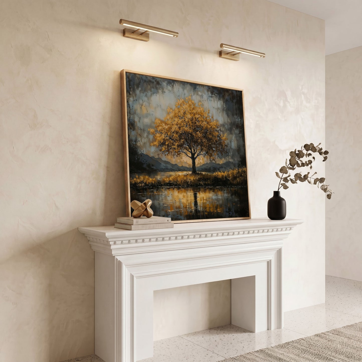 Solitary Fall Tree Mountain Landscape Canvas in white oak floating frame