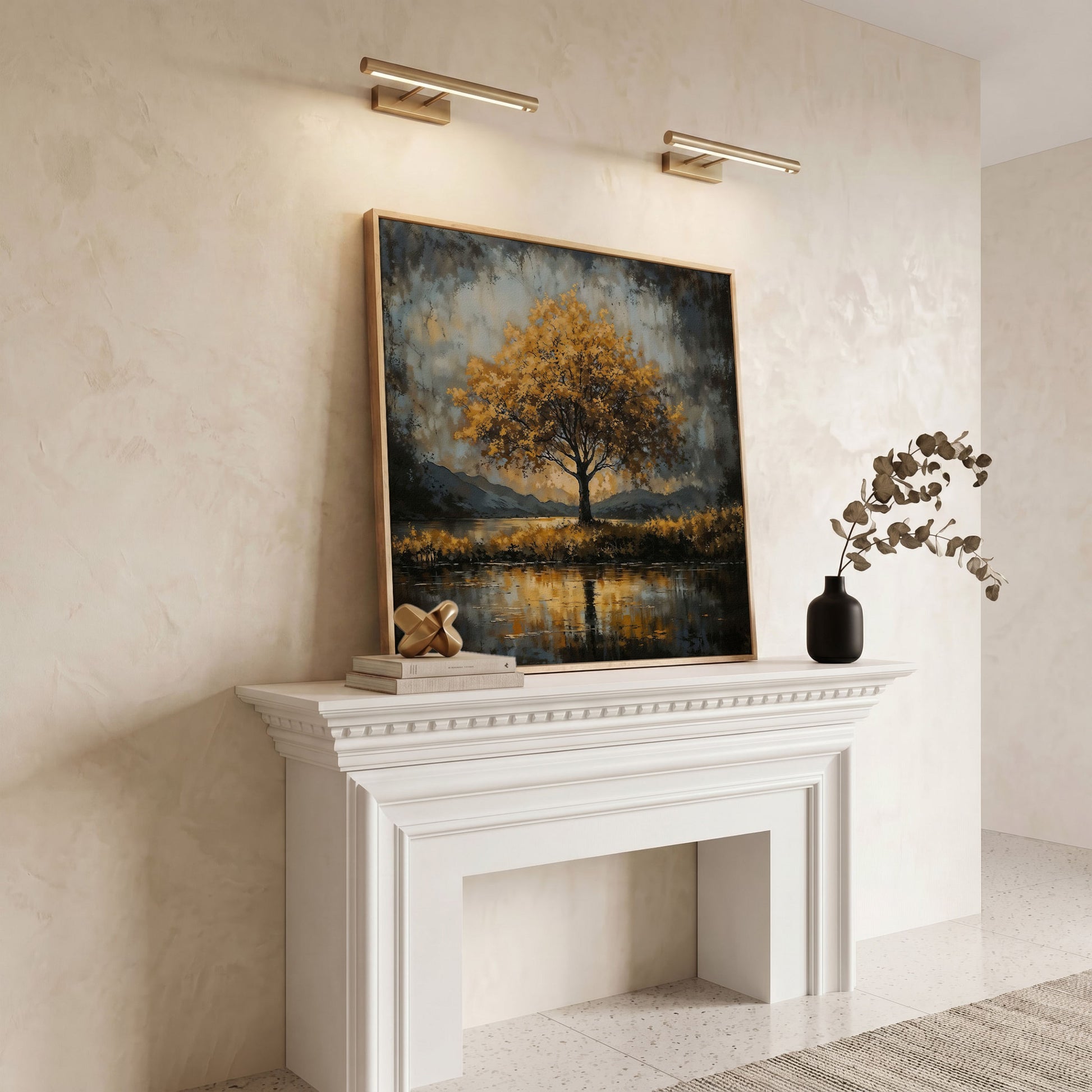 Solitary Fall Tree Mountain Landscape Canvas in white oak floating frame
