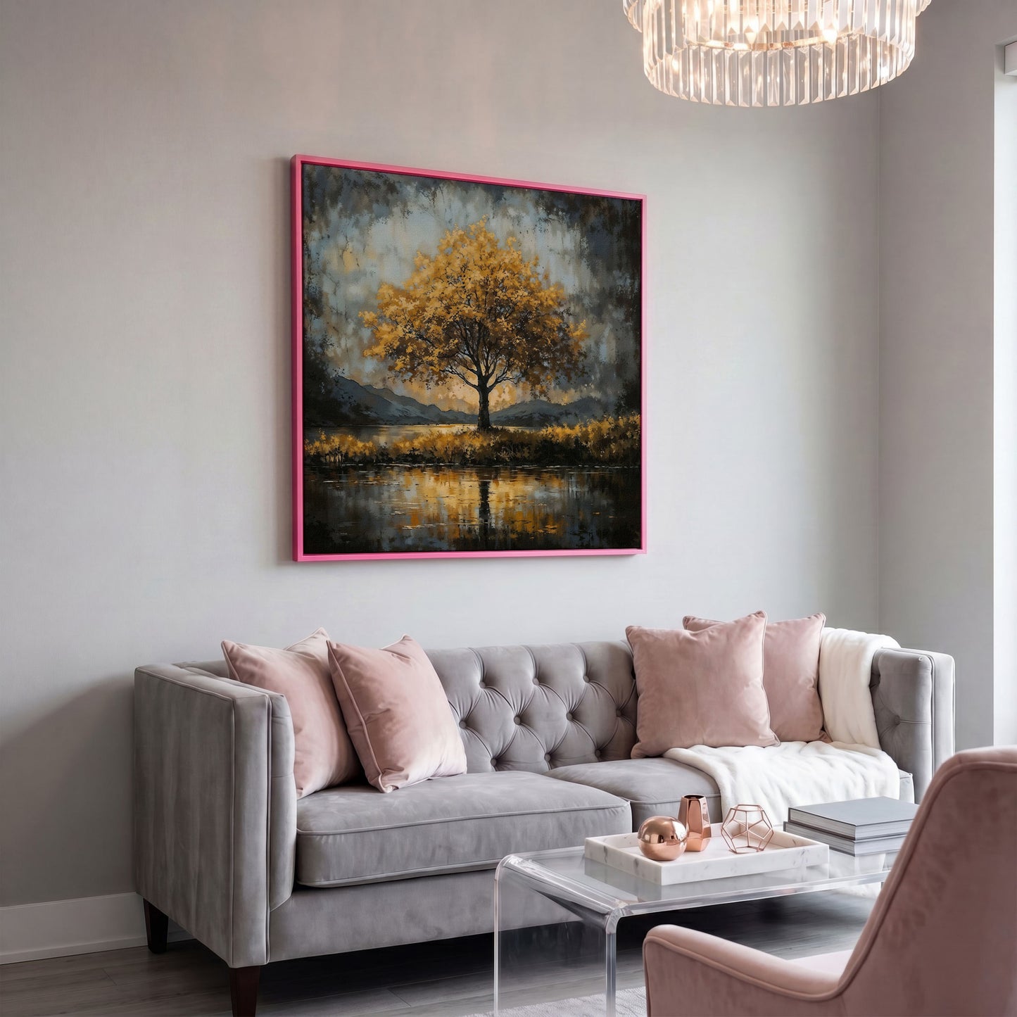 Solitary Fall Tree Mountain Landscape Canvas in pink floating frame