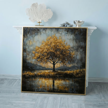 Solitary Fall Tree Mountain Landscape Canvas in rose gold floating frame