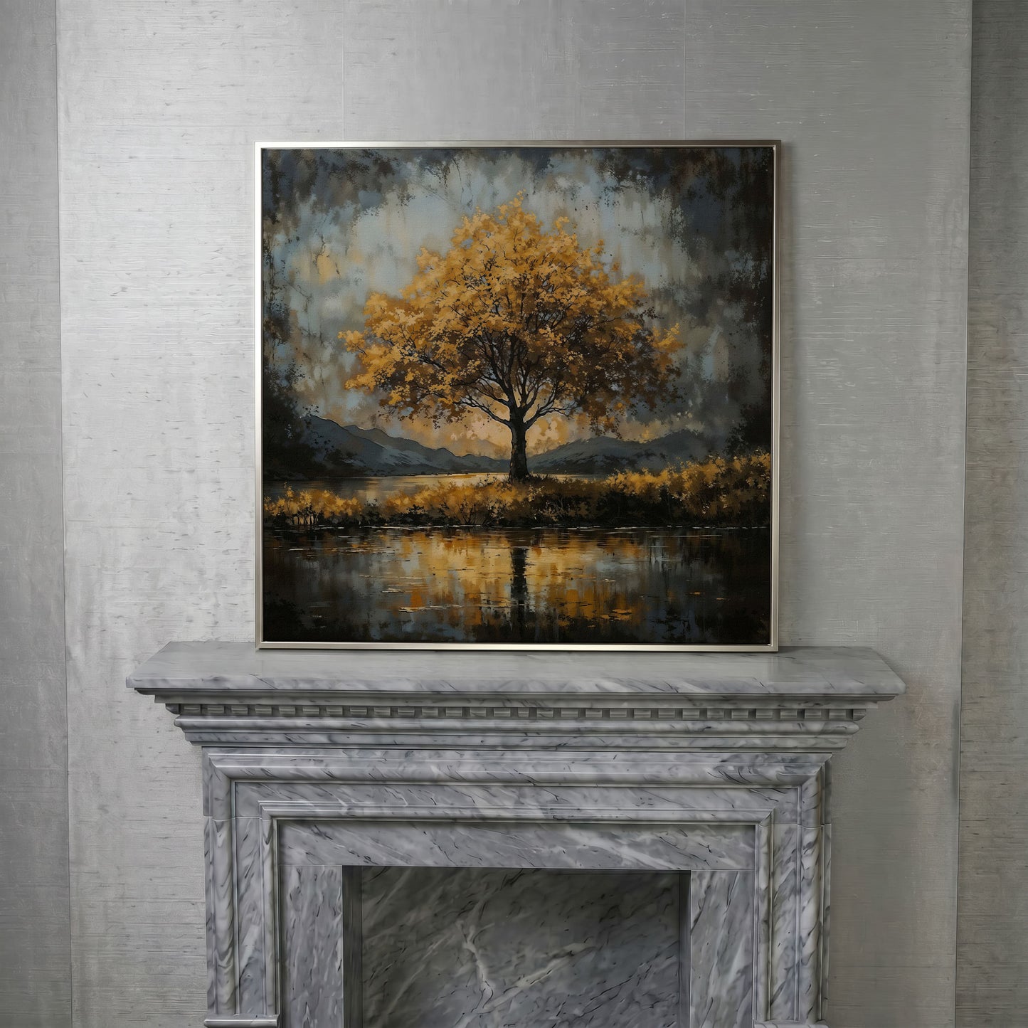 Solitary Fall Tree Mountain Landscape Canvas in silver floating frame