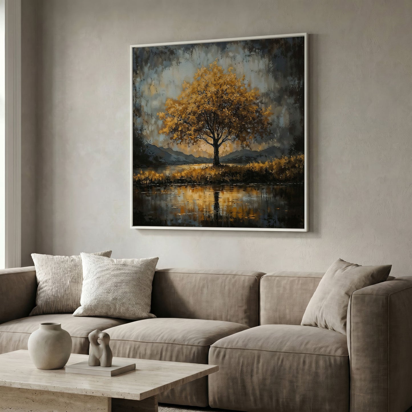 Solitary Fall Tree Mountain Landscape Canvas in white floating frame