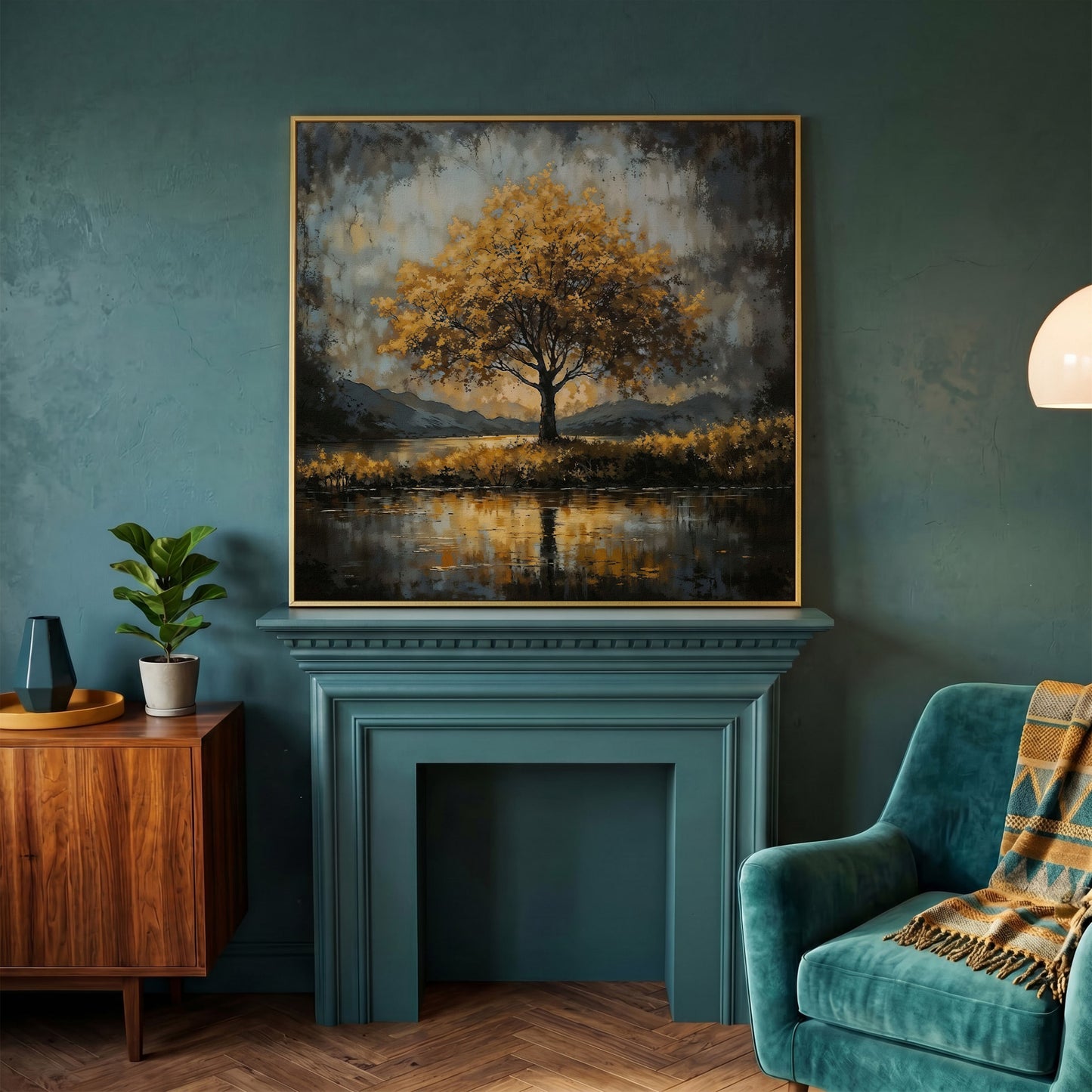 Solitary Fall Tree Mountain Landscape Canvas in yellow gold floating frame