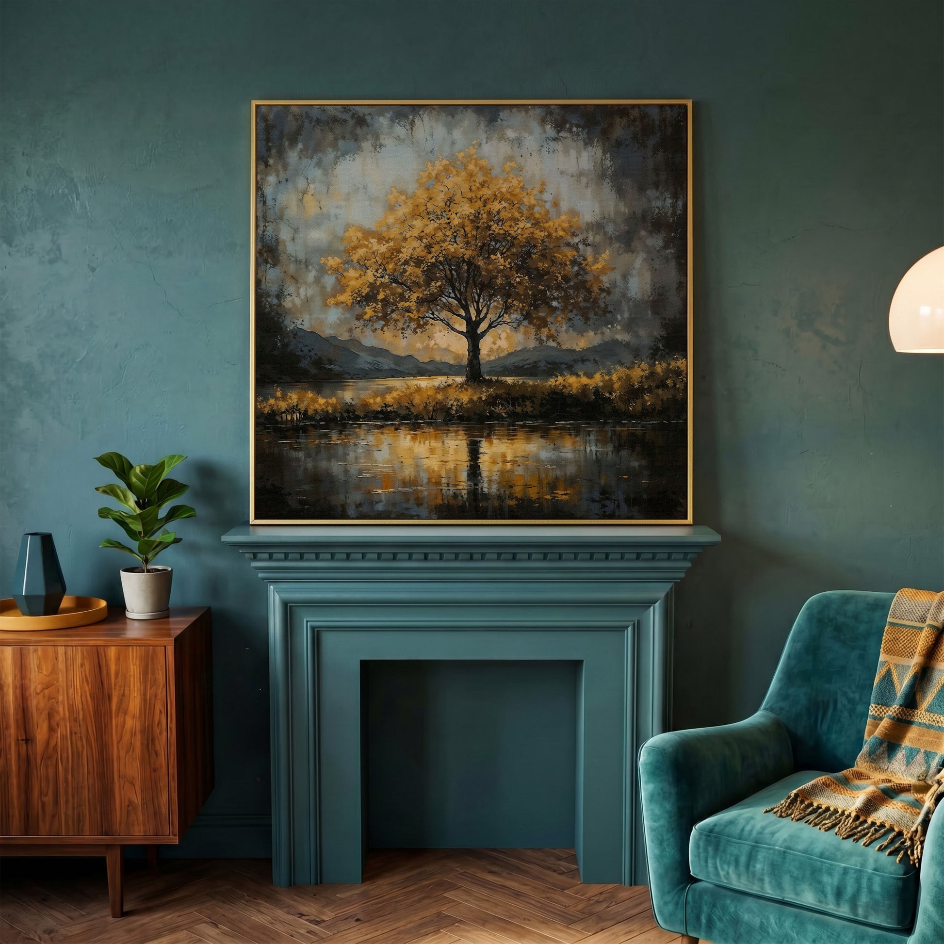 Solitary Fall Tree Mountain Landscape Canvas in yellow gold floating frame