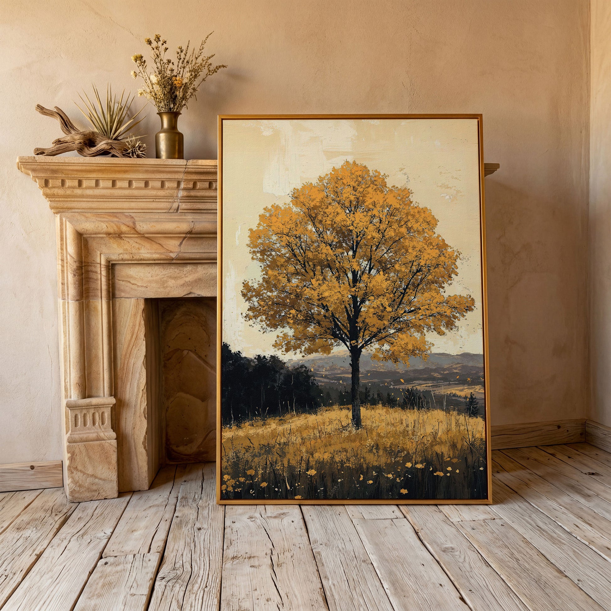 Golden Foliage Tree Canvas. Rustic Autumn Landscape in antique gold floating frame