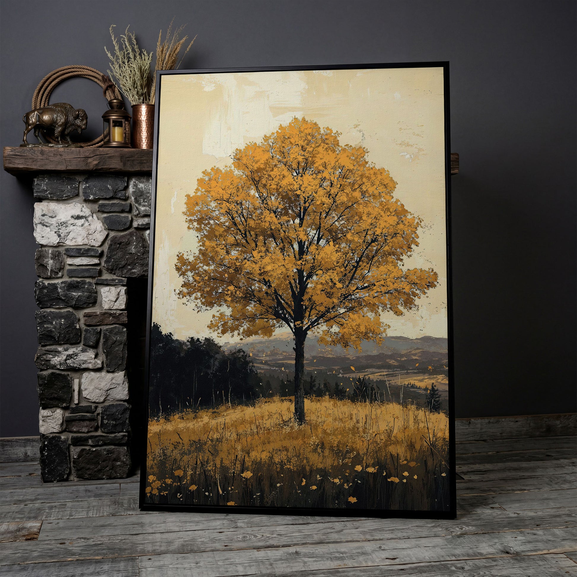 Golden Foliage Tree Canvas. Rustic Autumn Landscape in black floating frame