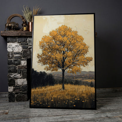 Golden Foliage Tree Canvas. Rustic Autumn Landscape in black floating frame