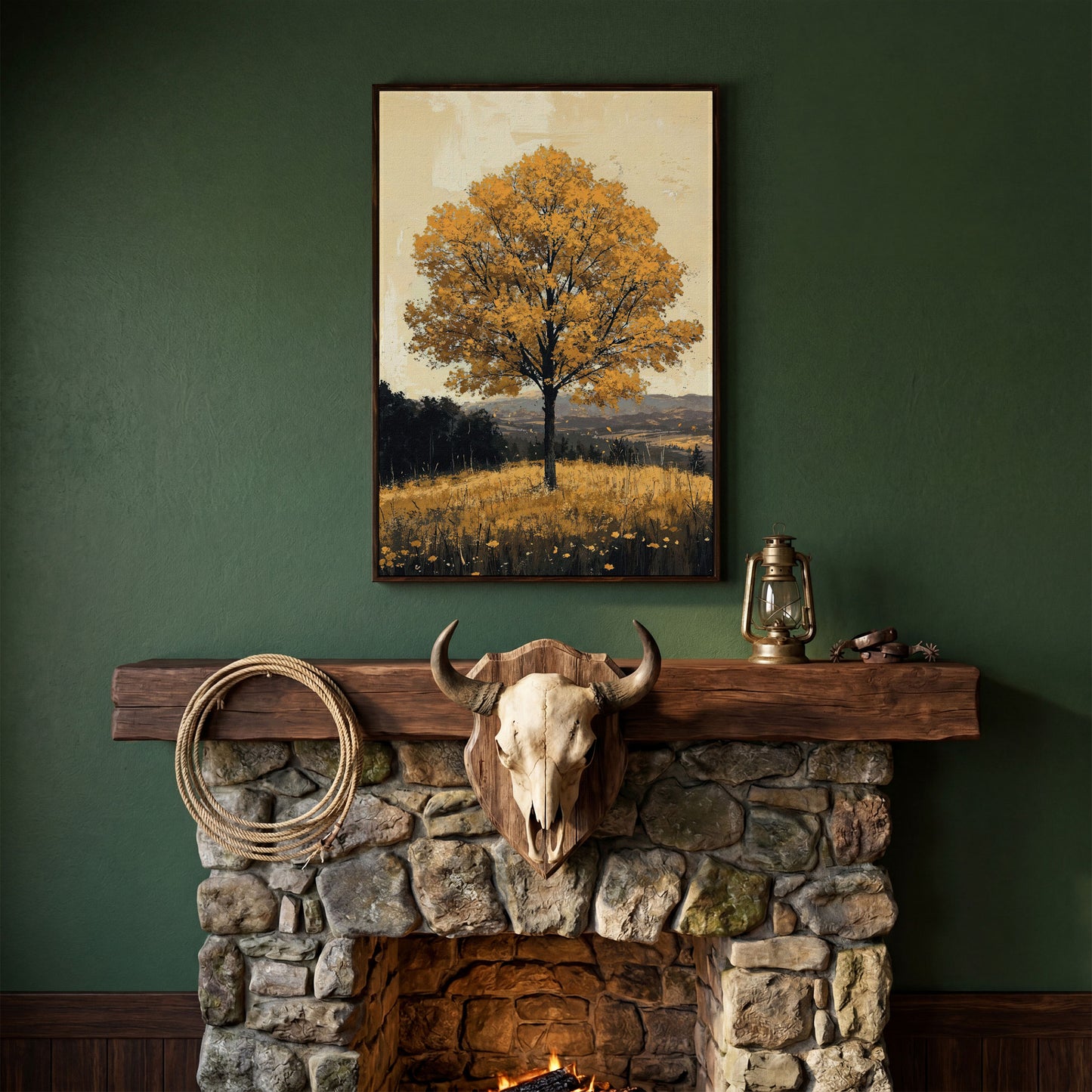Golden Foliage Tree Canvas. Rustic Autumn Landscape in dark walnut floating frame
