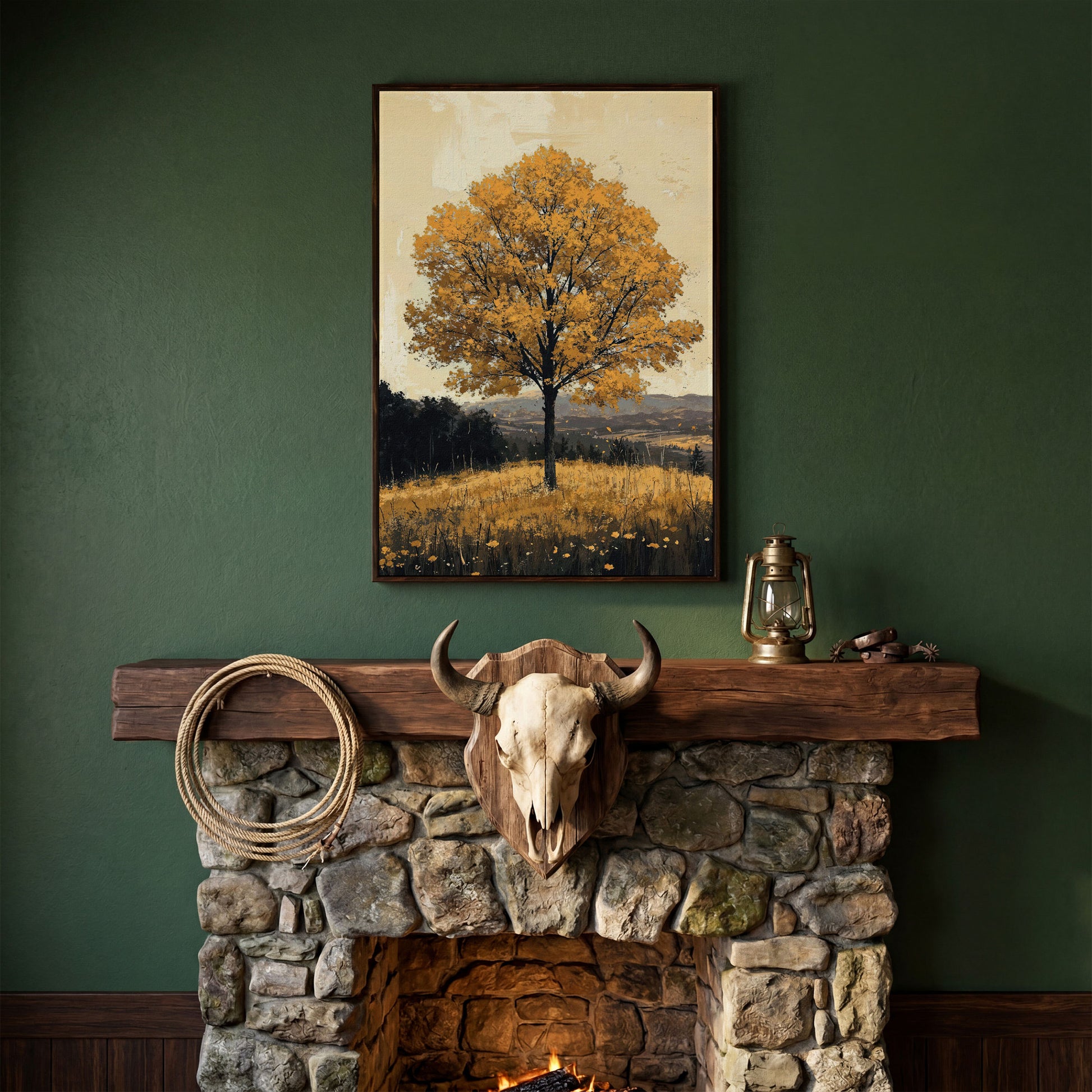 Golden Foliage Tree Canvas. Rustic Autumn Landscape in dark walnut floating frame