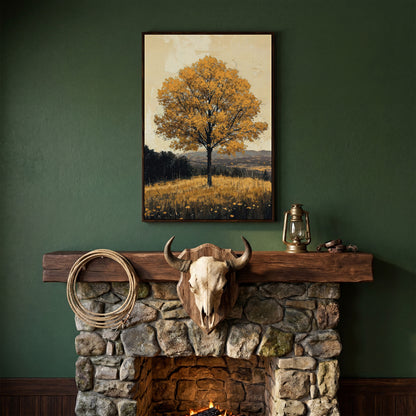 Golden Foliage Tree Canvas. Rustic Autumn Landscape in dark walnut floating frame