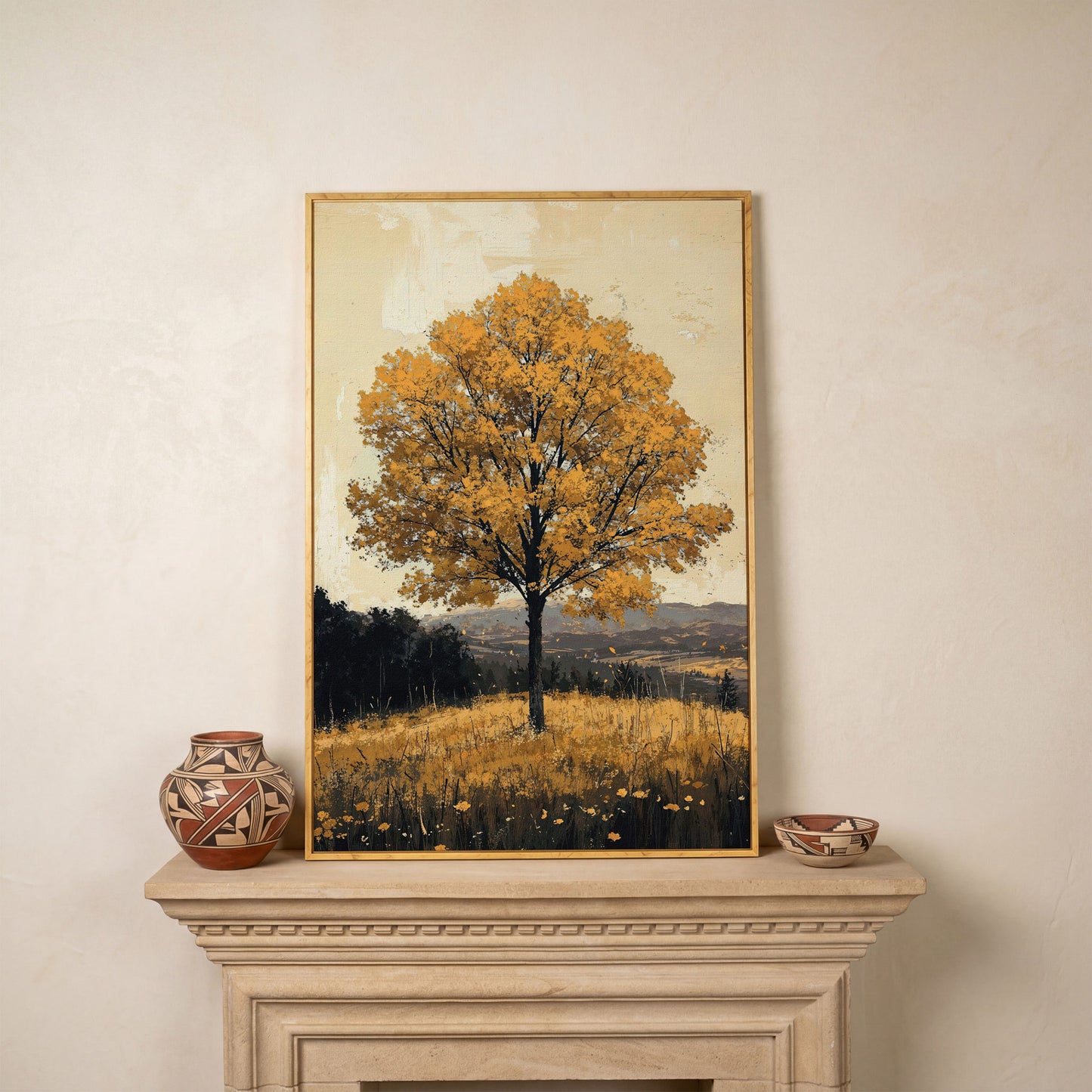 Golden Foliage Tree Canvas. Rustic Autumn Landscape in white oak floating frame