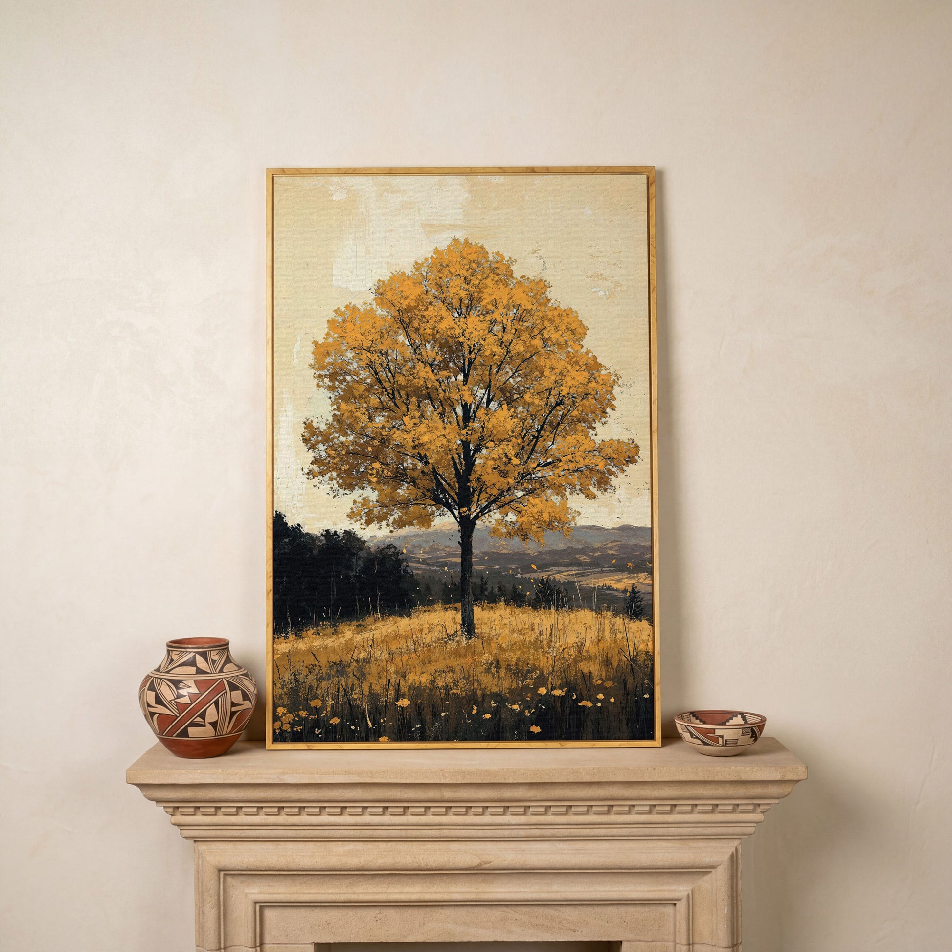 Golden Foliage Tree Canvas. Rustic Autumn Landscape in white oak floating frame