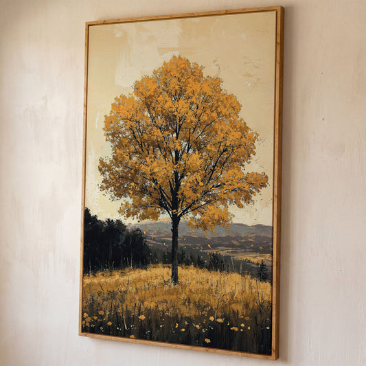 Golden Foliage Tree Canvas. Rustic Autumn Landscape shown in white oak floating frame
