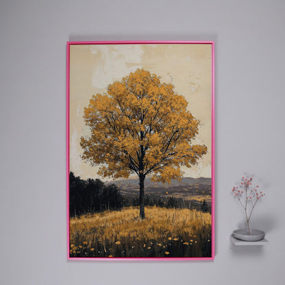 Golden Foliage Tree Canvas. Rustic Autumn Landscape in pink floating frame