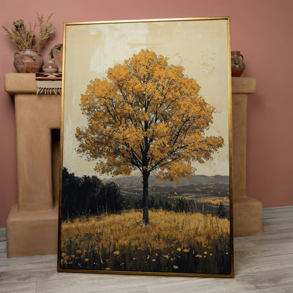Golden Foliage Tree Canvas. Rustic Autumn Landscape in rose gold floating frame