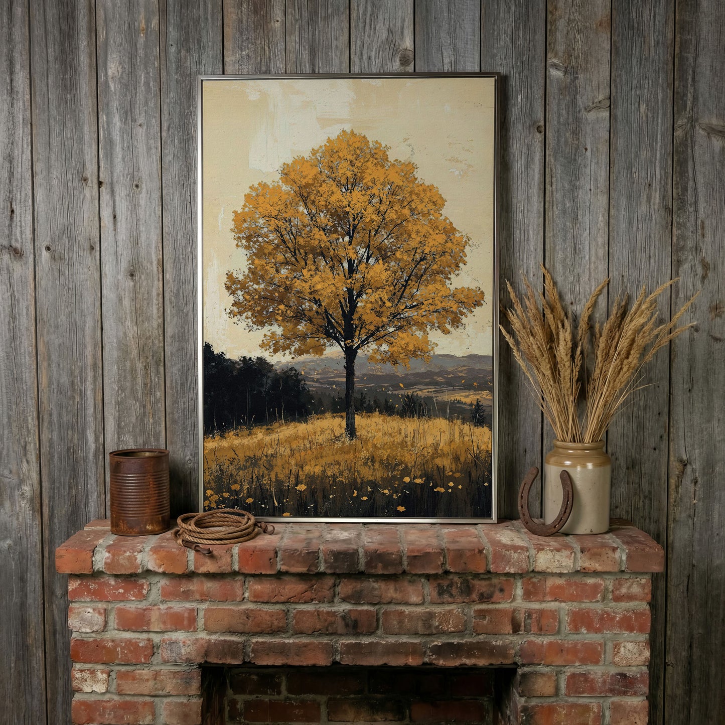 Golden Foliage Tree Canvas. Rustic Autumn Landscape in silver floating frame