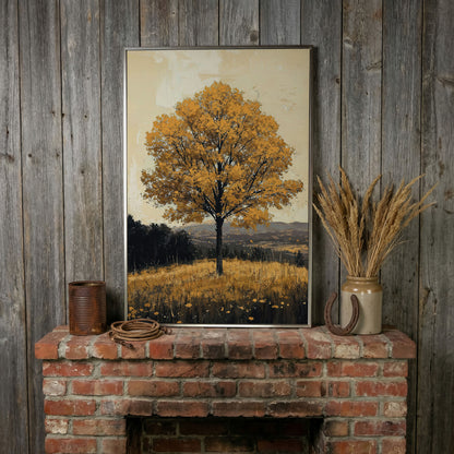 Golden Foliage Tree Canvas. Rustic Autumn Landscape in silver floating frame