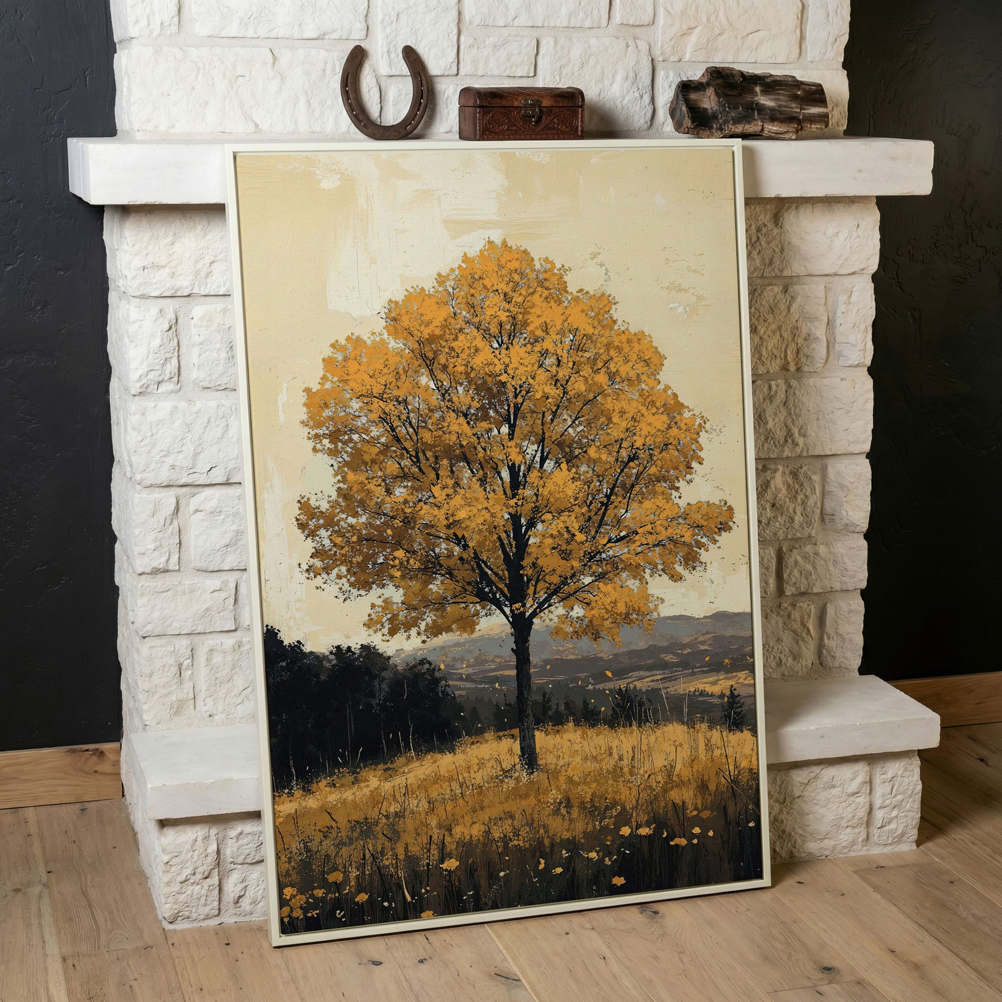 Golden Foliage Tree Canvas. Rustic Autumn Landscape in white floating frame