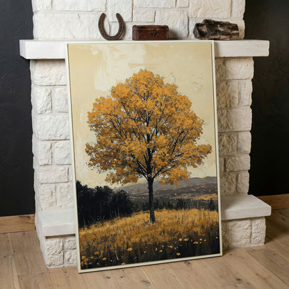 Golden Foliage Tree Canvas. Rustic Autumn Landscape in white floating frame