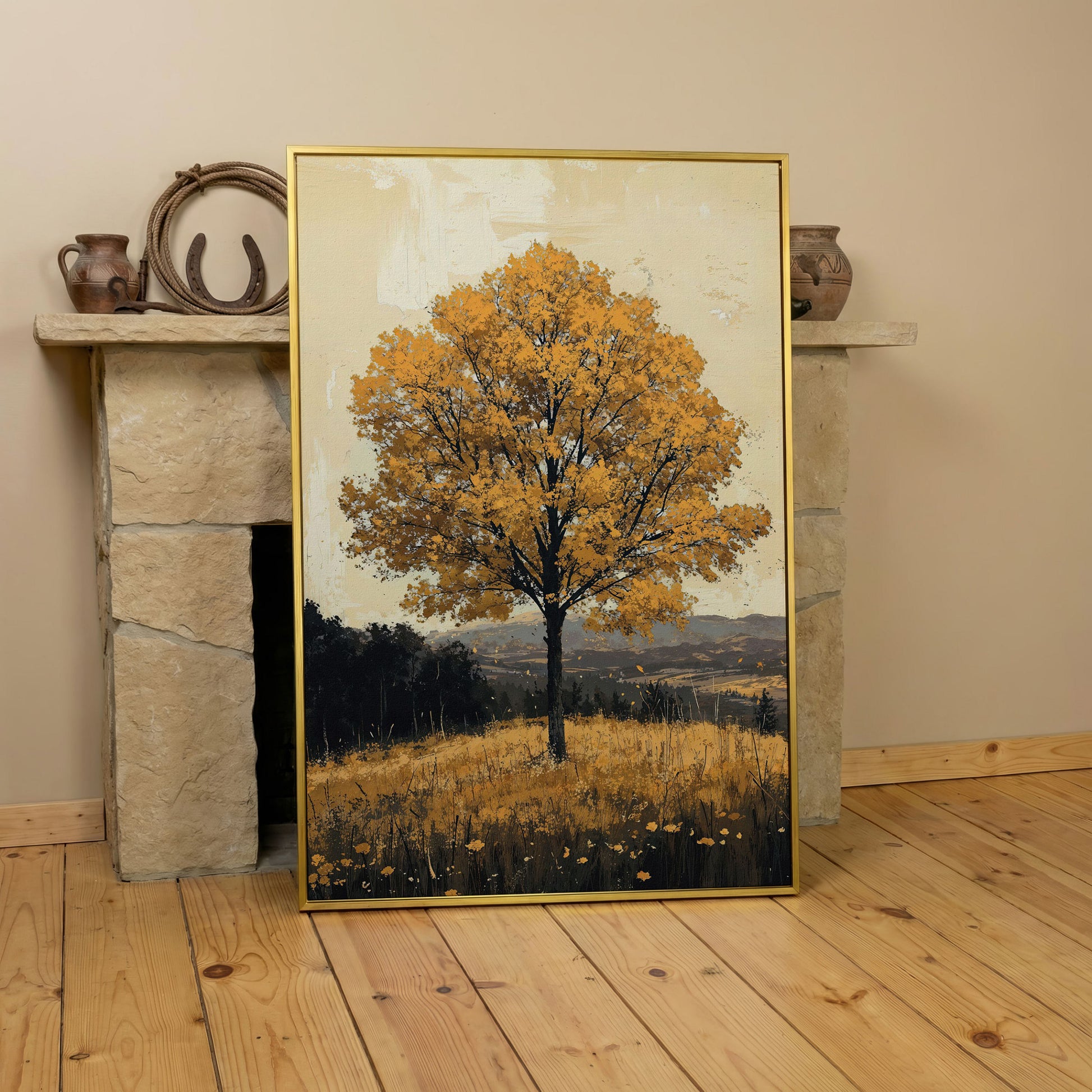 Golden Foliage Tree Canvas. Rustic Autumn Landscape in yellow gold floating frame
