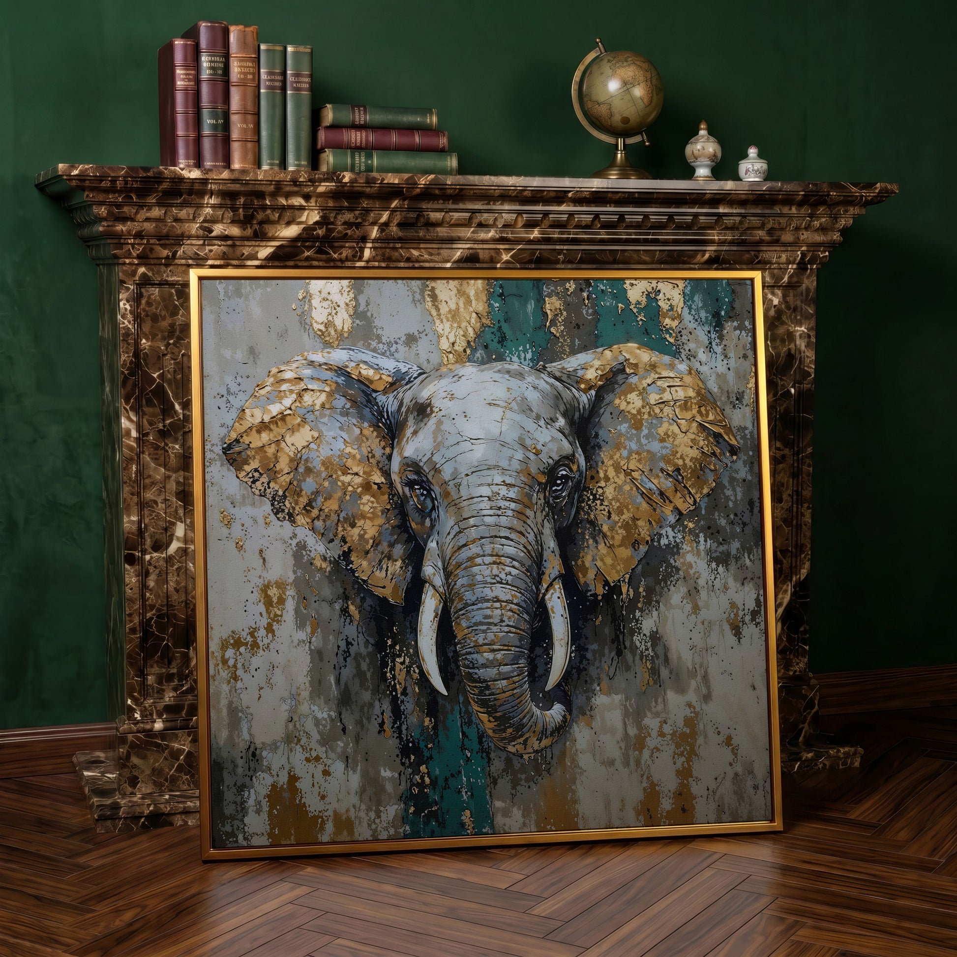 Gray Elephant with Gold Accents Canvas Art in antique gold floating frame