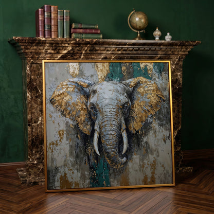 Gray Elephant with Gold Accents Canvas Art in antique gold floating frame
