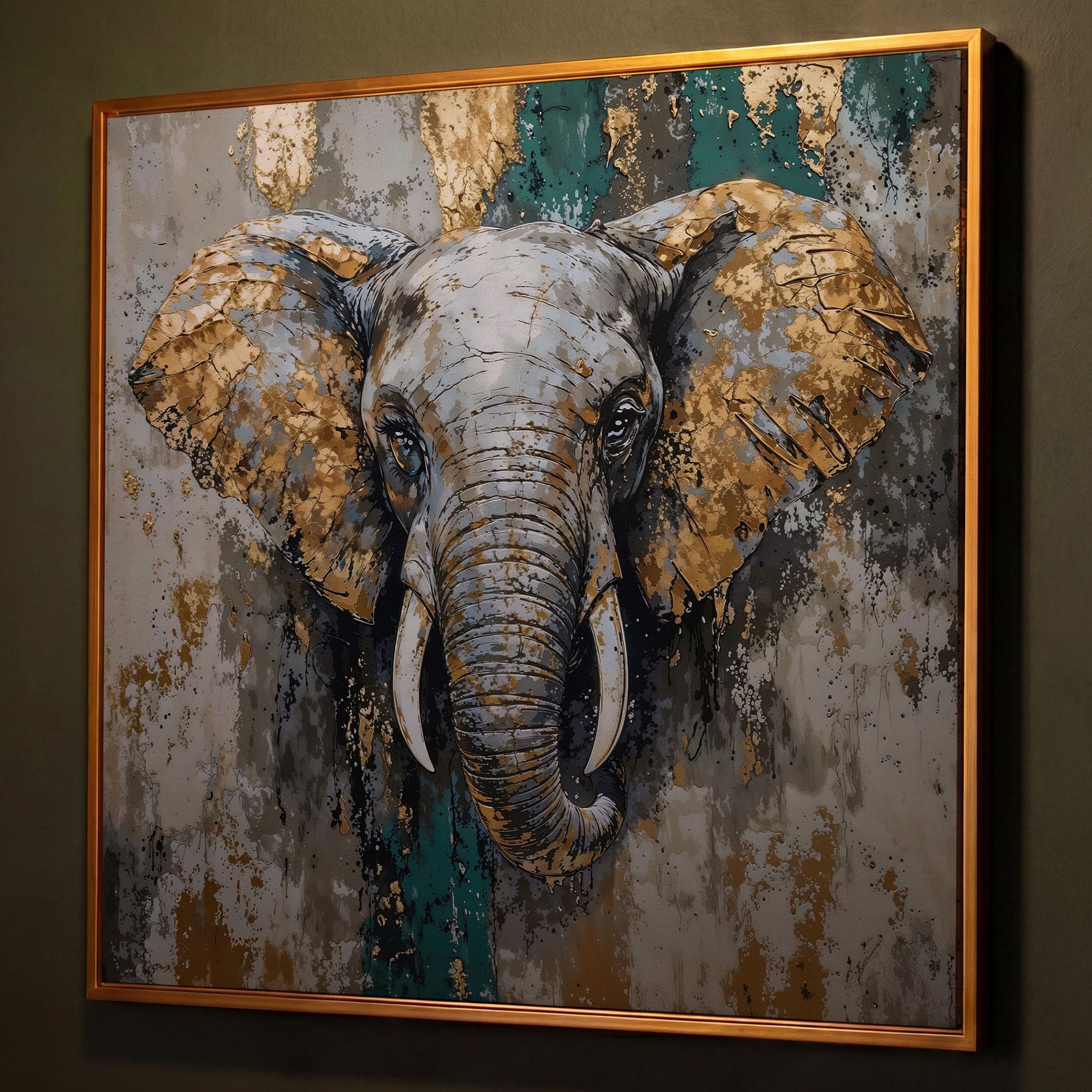 Gray Elephant with Gold Accents Canvas Art shown in antique gold floating frame
